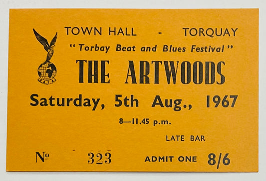 Artwoods Original Used Concert Ticket Torquay Town Hall 1967