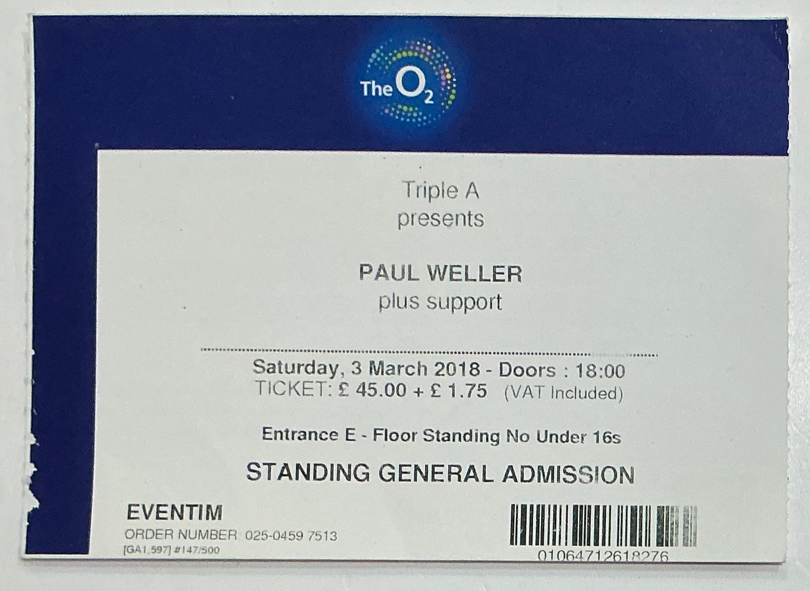 Jam Paul Weller Original Used Concert Ticket O2 Arena London 3rd Mar 2018