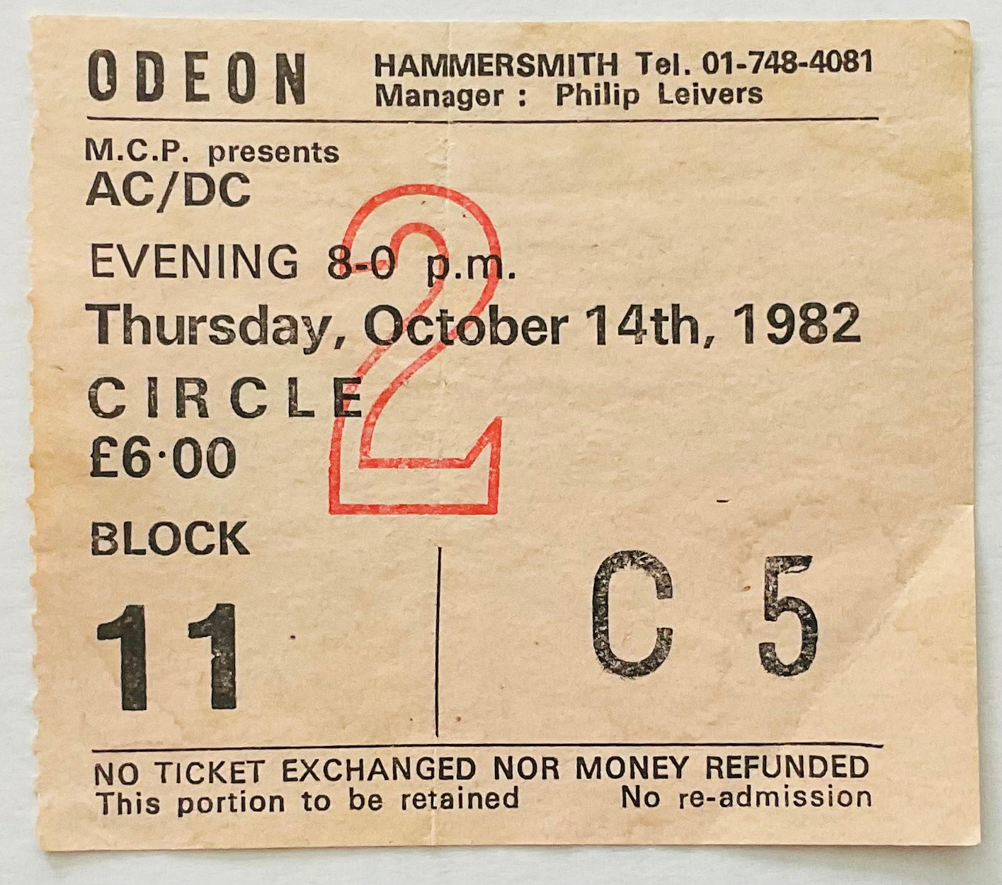 AC/DC Original Unused Concert Ticket Hammersmith Odeon London 14th Oct 1982