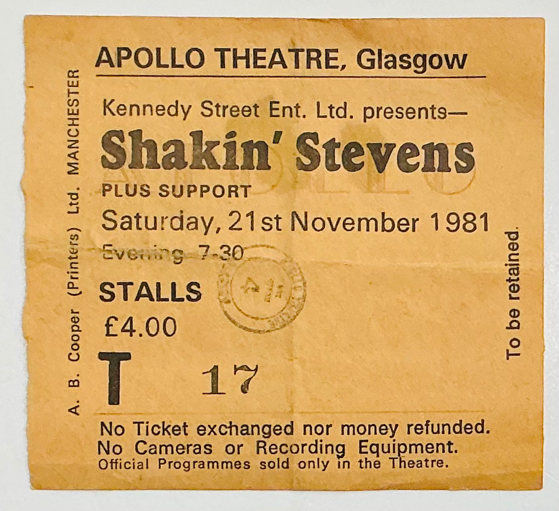 Shakin’ Stevens Original Used Concert Ticket Apollo Theatre Glasgow 21st Nov 1981