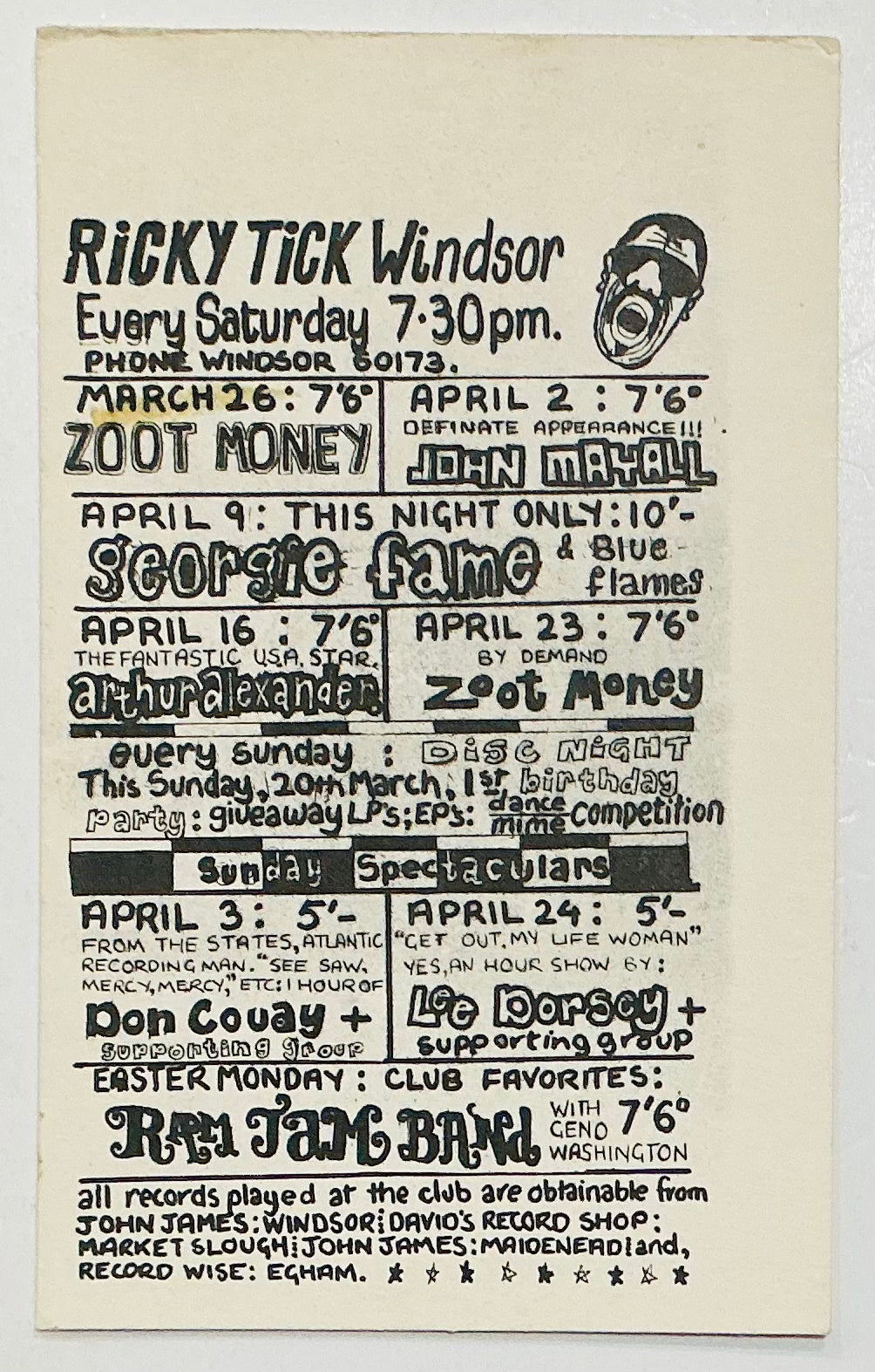 John Mayall Eric Clapton Original Handbill Flyer Ricky Tick Club Windsor 2nd Apr 1966
