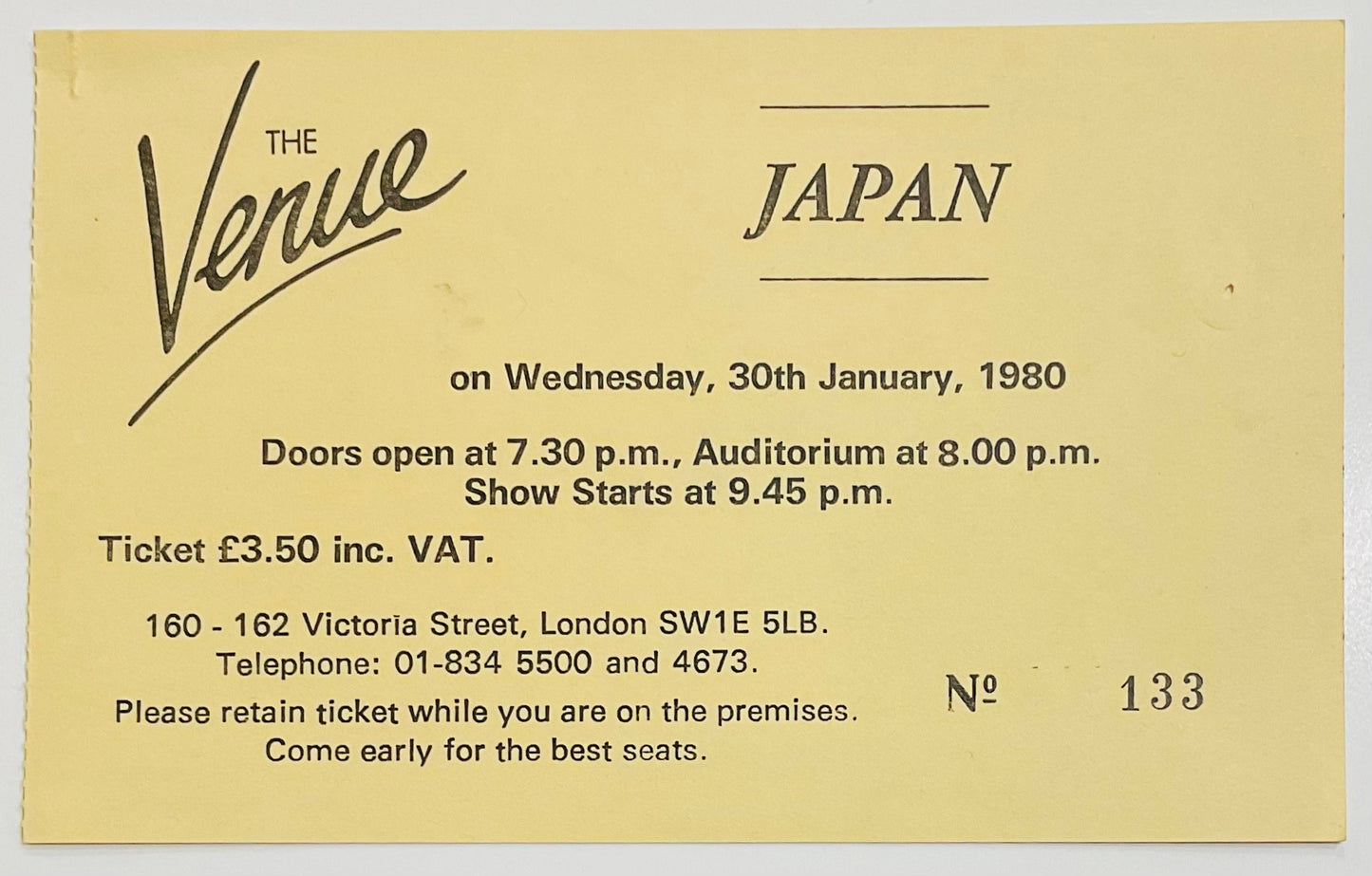 Japan David Sylvian Original Used Concert Ticket Venue London 30th Jan 1980