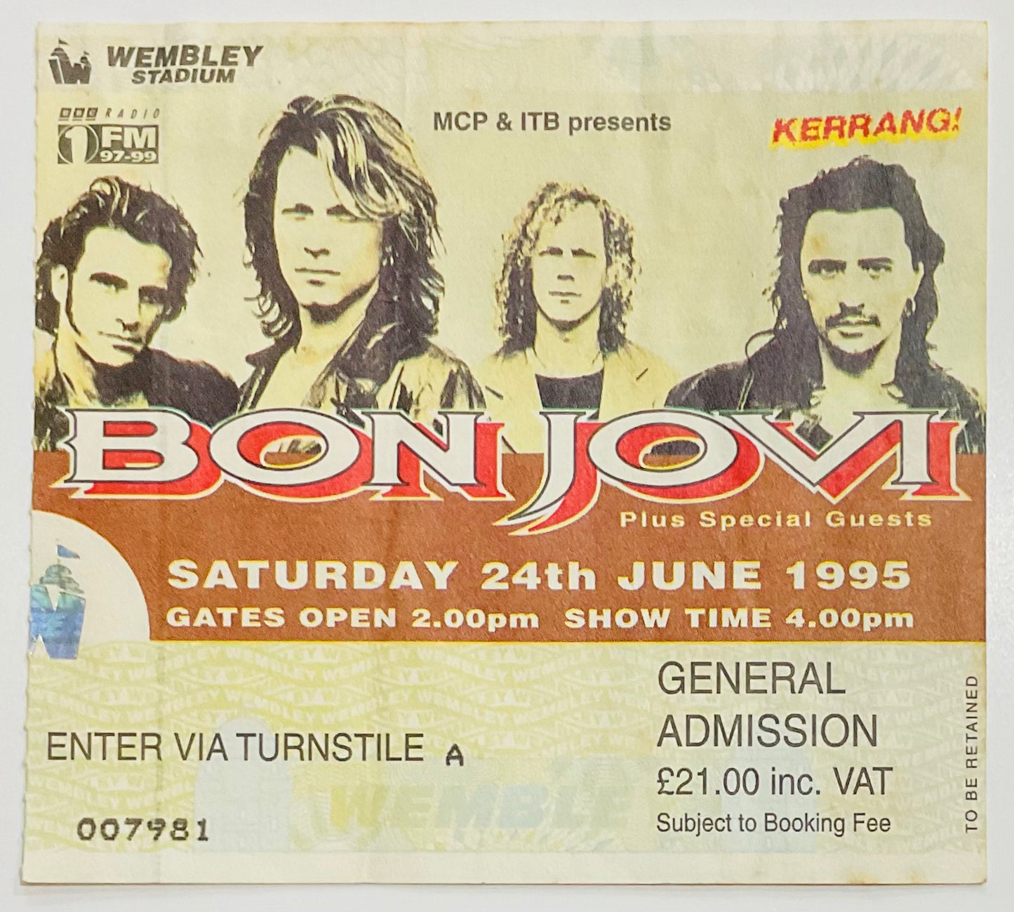 Bon Jovi Original Used Concert Ticket Wembley Stadium London 24th June 1995