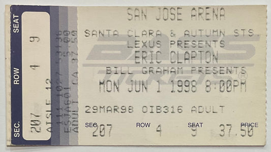 Eric Clapton Original Used Concert Ticket San Jose Arena 1st Jun 1998