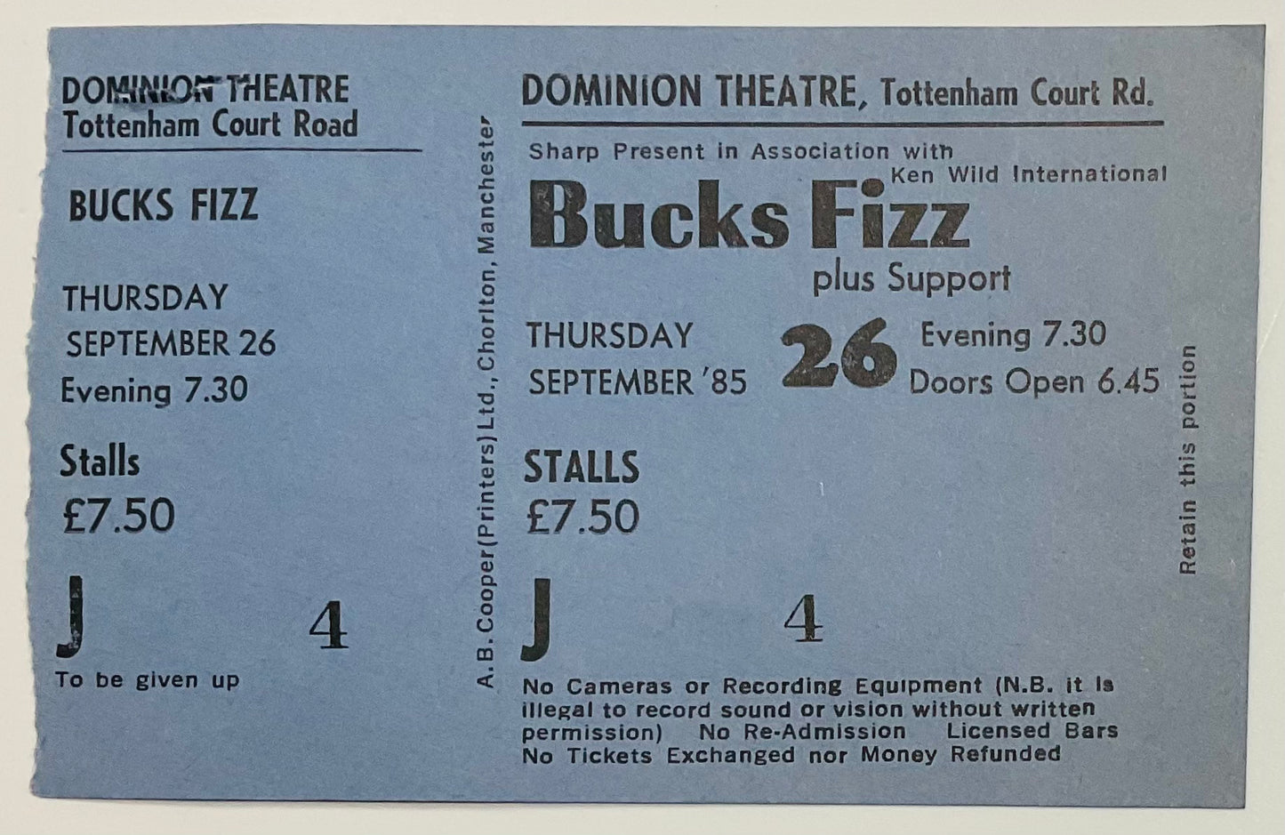 Bucks Fizz Original Unused Concert Ticket Dominion Theatre London 26th Sep 1985