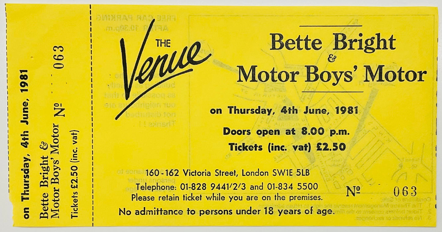 Bette Bright Motor Boys Original Unused Concert Ticket The Venue London 4th Jun 1981