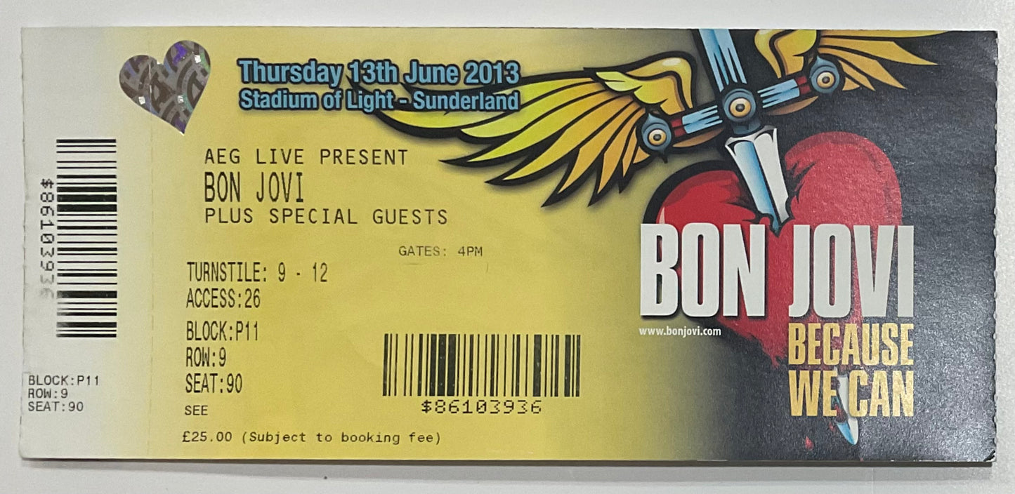 Bon Jovi Original Unused Concert Ticket Stadium of Light Sunderland 13th June 2013