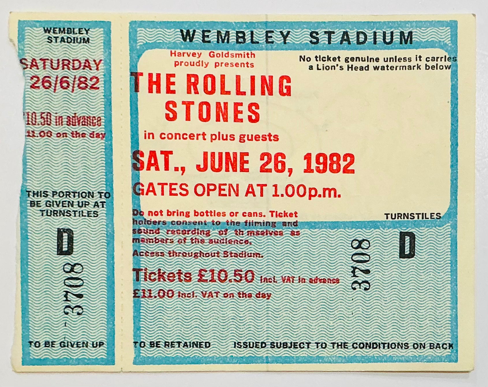 Rolling Stones Original Unused Concert Ticket Wembley Stadium London 26th Jun 1982