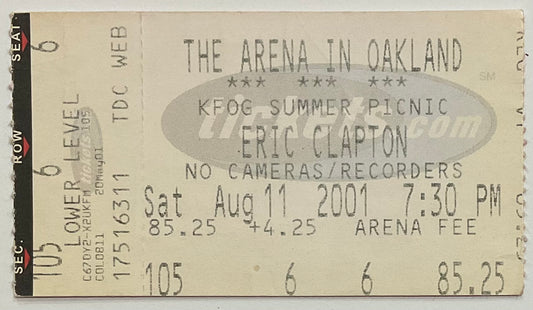 Eric Clapton Used Concert Ticket Oakland Arena 11th Aug 2001