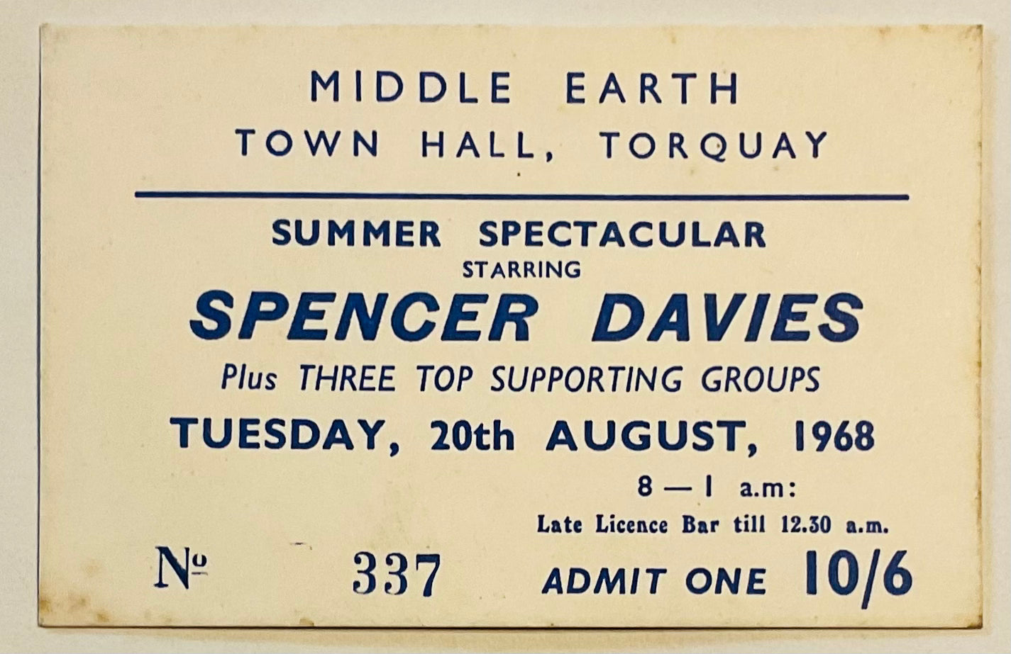 Spencer Davis Original Concert Ticket Town Hall Torquay 1968