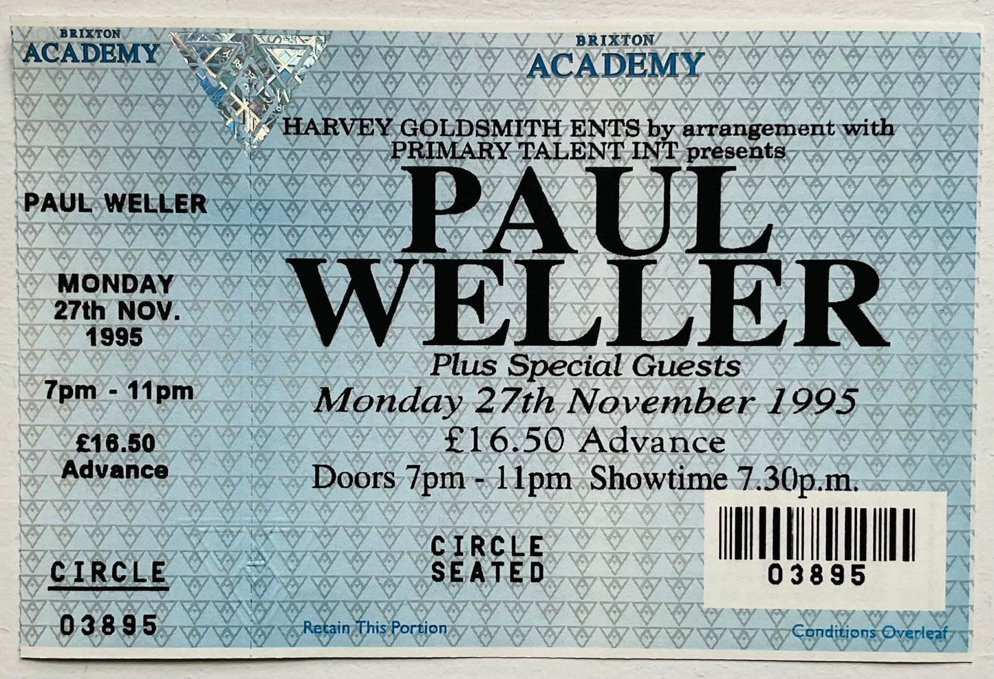 Paul Weller Original Unused Concert Ticket  Brixton Academy London 27th Nov 1995