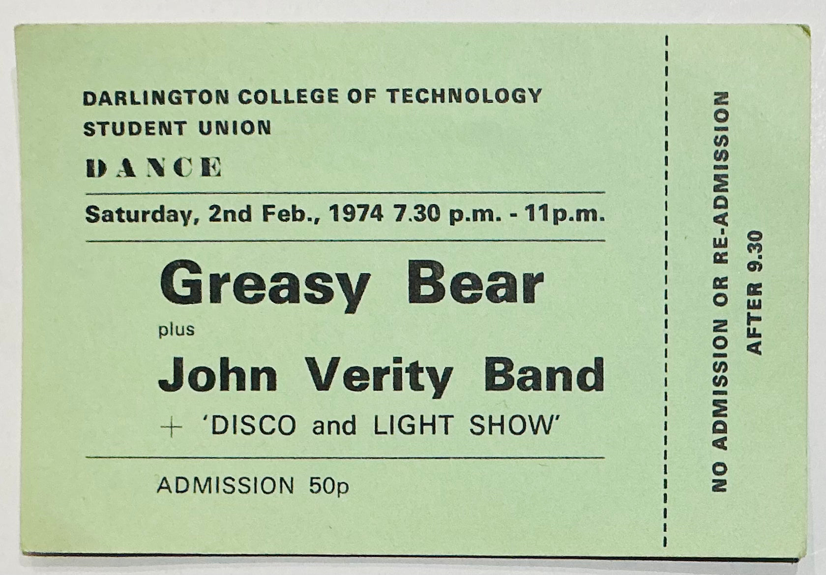 Greasy Bear Original Unused Concert Ticket College of Technology Darlington 2nd Feb 1974