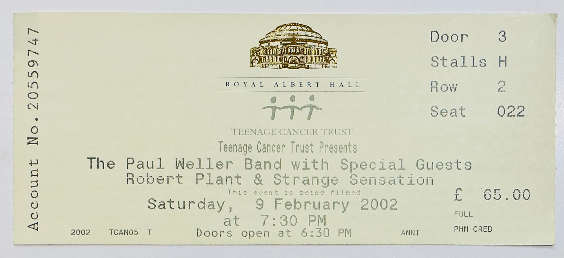 Paul Weller Robert Plant Original Used Concert Ticket Royal Albert Hall London 9th Feb 2002