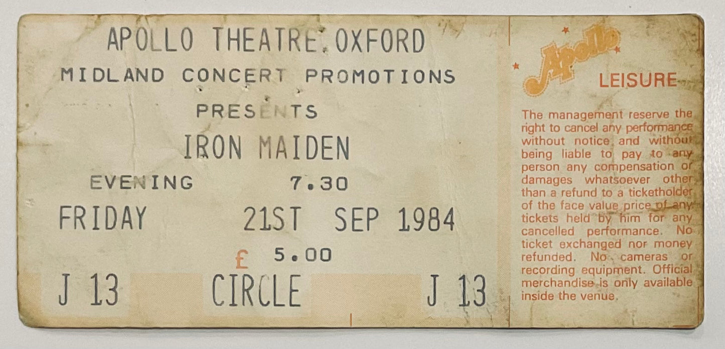 Iron Maiden Original Used Concert Ticket Apollo Theatre Oxford 21st Sep 1984