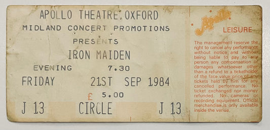 Iron Maiden Original Used Concert Ticket Apollo Theatre Oxford 21st Sep 1984