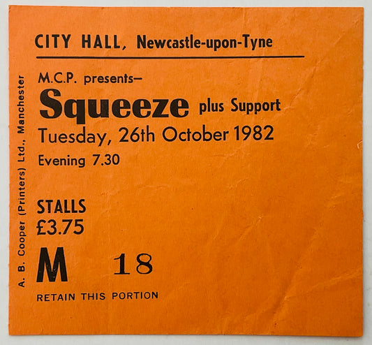 Squeeze Original Used Concert Ticket City Hall Newcastle 1982