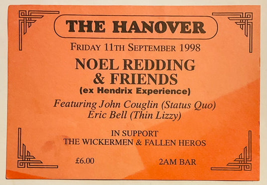 Noel Redding Eric Bell John Couglin Original Used Concert Ticket The Hanover 11th Sep 1998