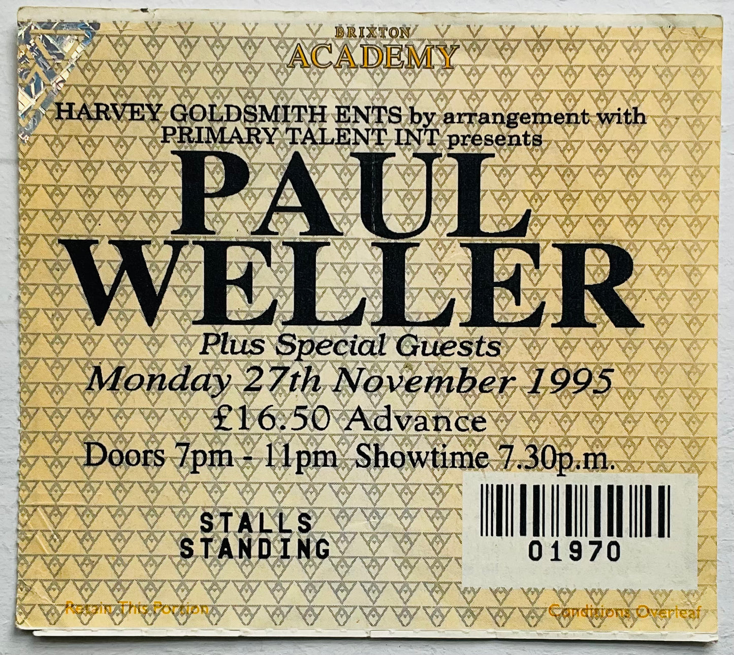 Paul Weller Original Used Concert Ticket Brixton Academy London 27th Nov 1995