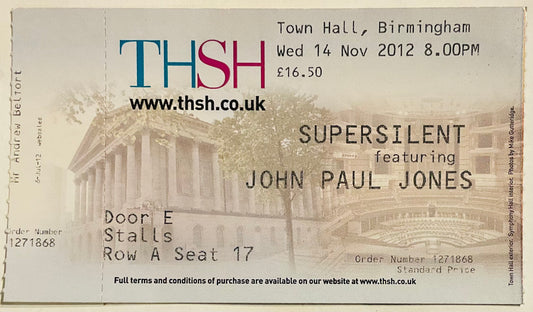 Led Zeppelin Supersilent John Paul Jones Original Unused Concert Ticket Town Hall Birmingham 14th Nov 2012