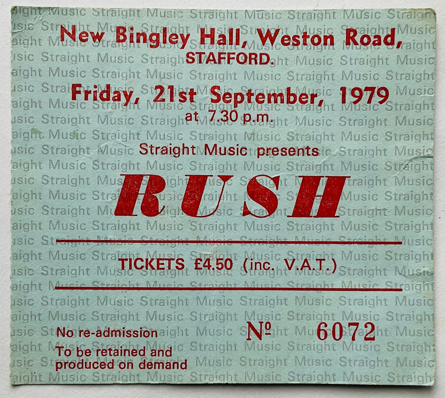 Rush Original Used Concert Ticket New Bingley Hall Stafford 21st Sep 1979