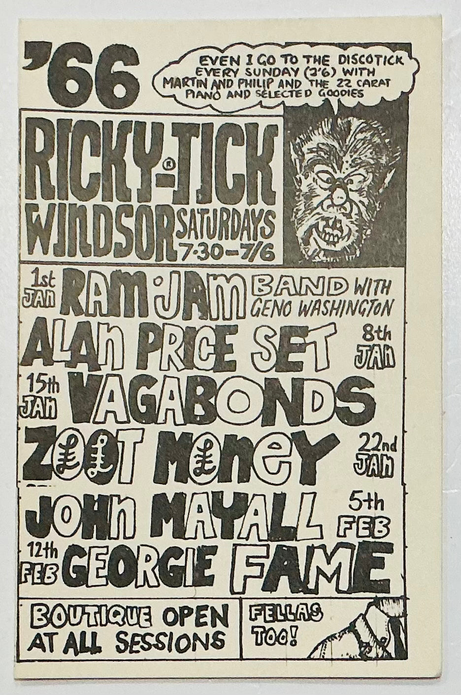 Eric Clapton John Mayall Zoot Money White Concert Handbill Ricky Tick Windsor Jan/Feb 1966