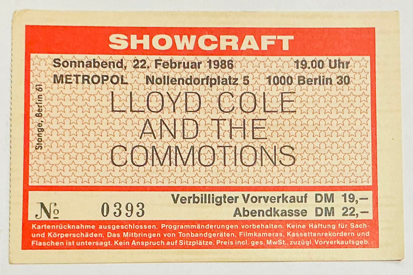 Lloyd Cole & the Commotions Original Used Concert Ticket Metropol Berlin 22nd Feb 1986