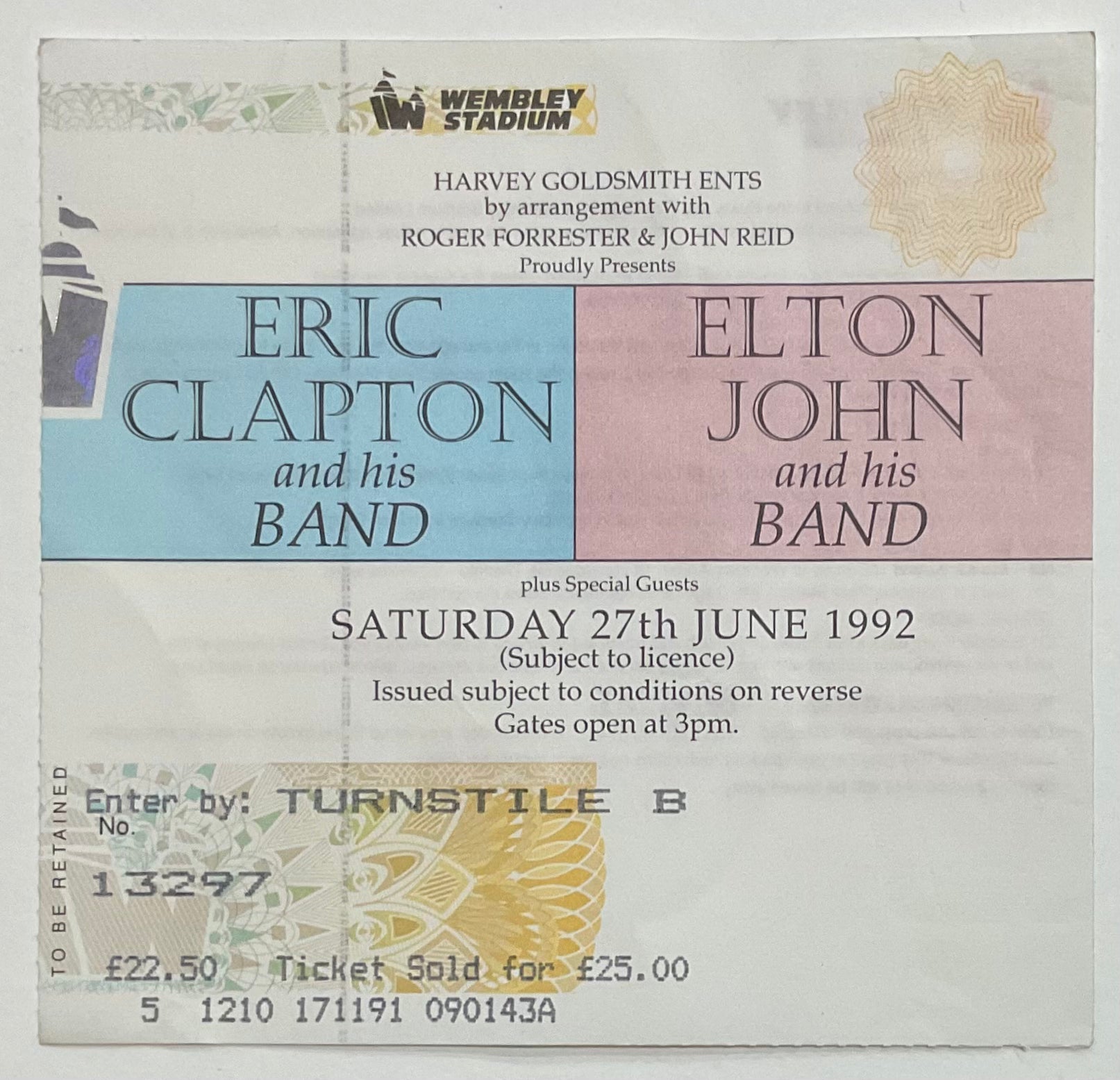 Eric Clapton Elton John Original Used Concert Ticket Wembley Stadium London 27th June 1992
