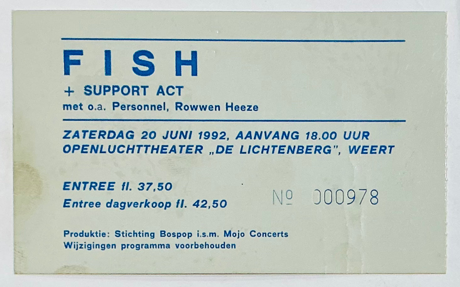 Marillion Fish Original Used Concert Ticket Openluchttheater de Lichtenburg Weert 20th Jun 1992