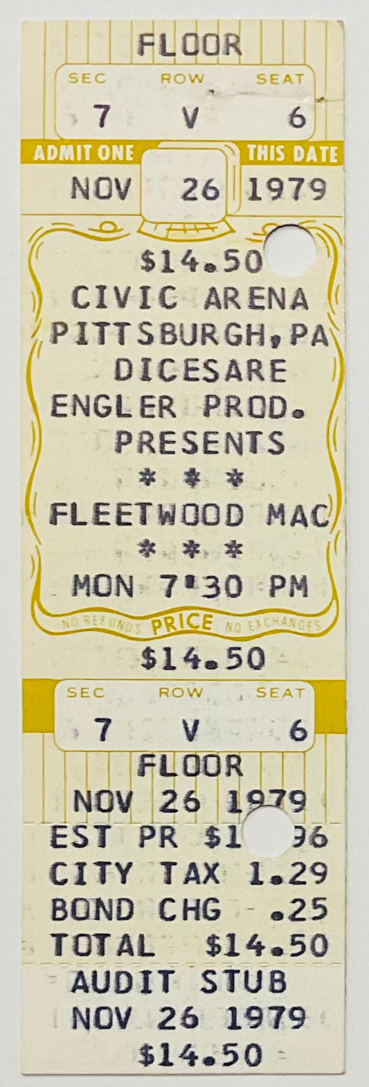 Fleetwood MAC Original Unused Concert Ticket Civic Arena Pittsburgh 26th Nov 1979