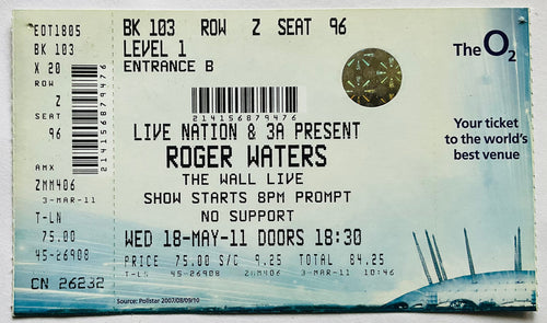 Pink Floyd Roger Waters Original Used Concert Ticket O2 Arena London 18th May 2011