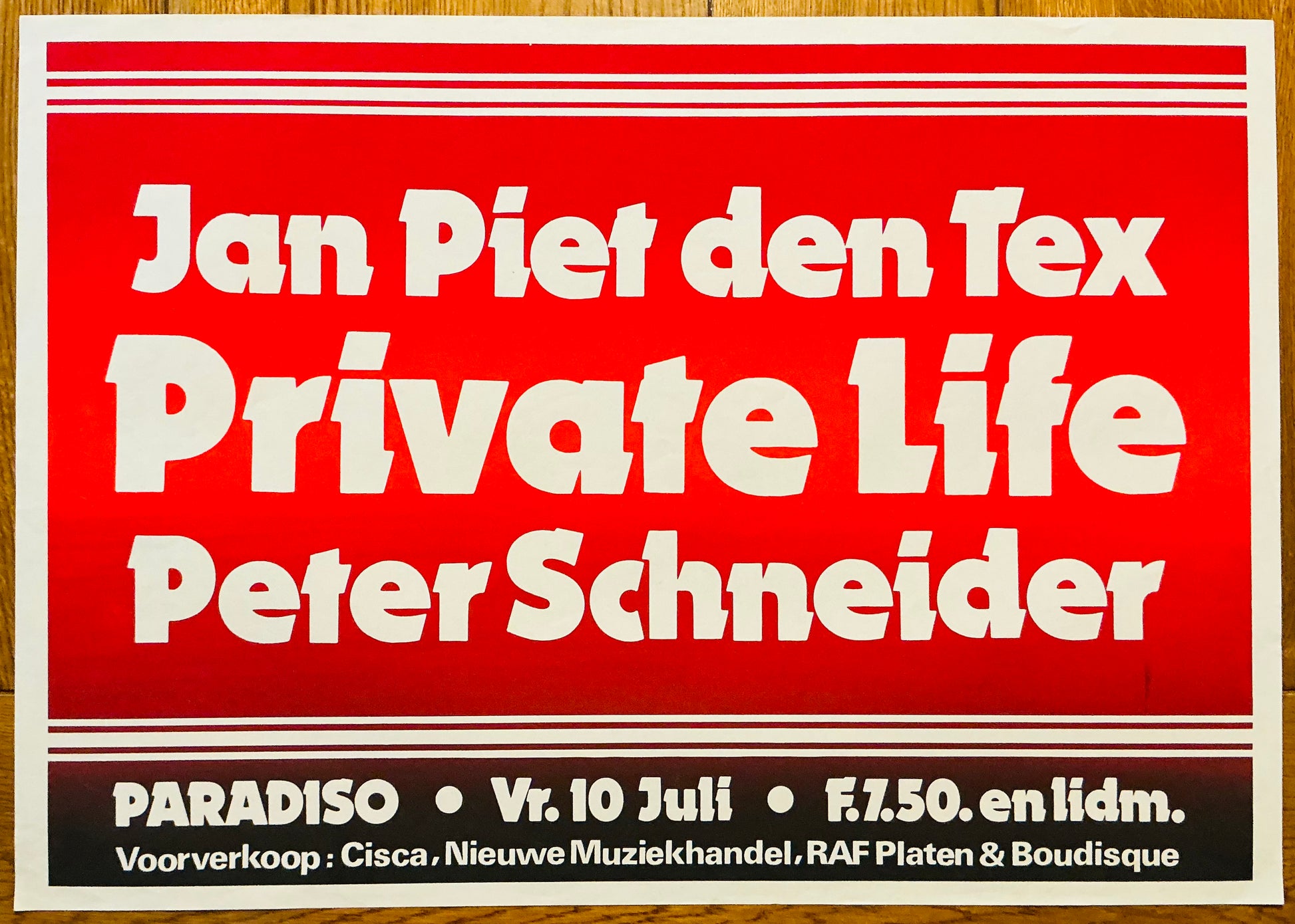 Private Life Peter Schneider Original Concert Tour Gig Poster Paradiso Club Amsterdam 10th Jul 1981