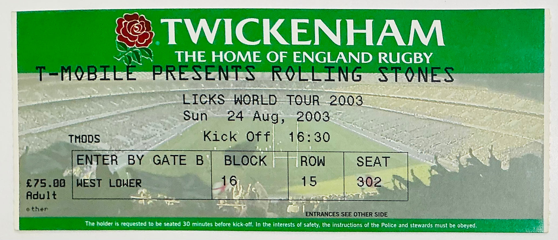 Rolling Stones Original Unused Concert Ticket Twickenham Stadium London 24th Aug 2003