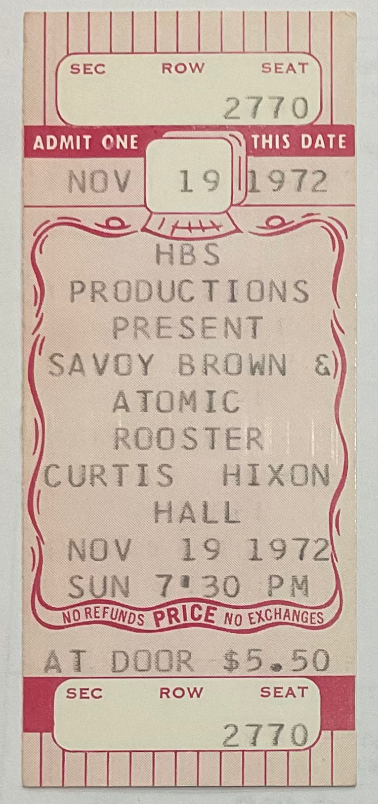 Savoy Brown Atomic Rooster Original Unused Concert Ticket Curtis Hixon Hall Tampa 19th Nov 1972