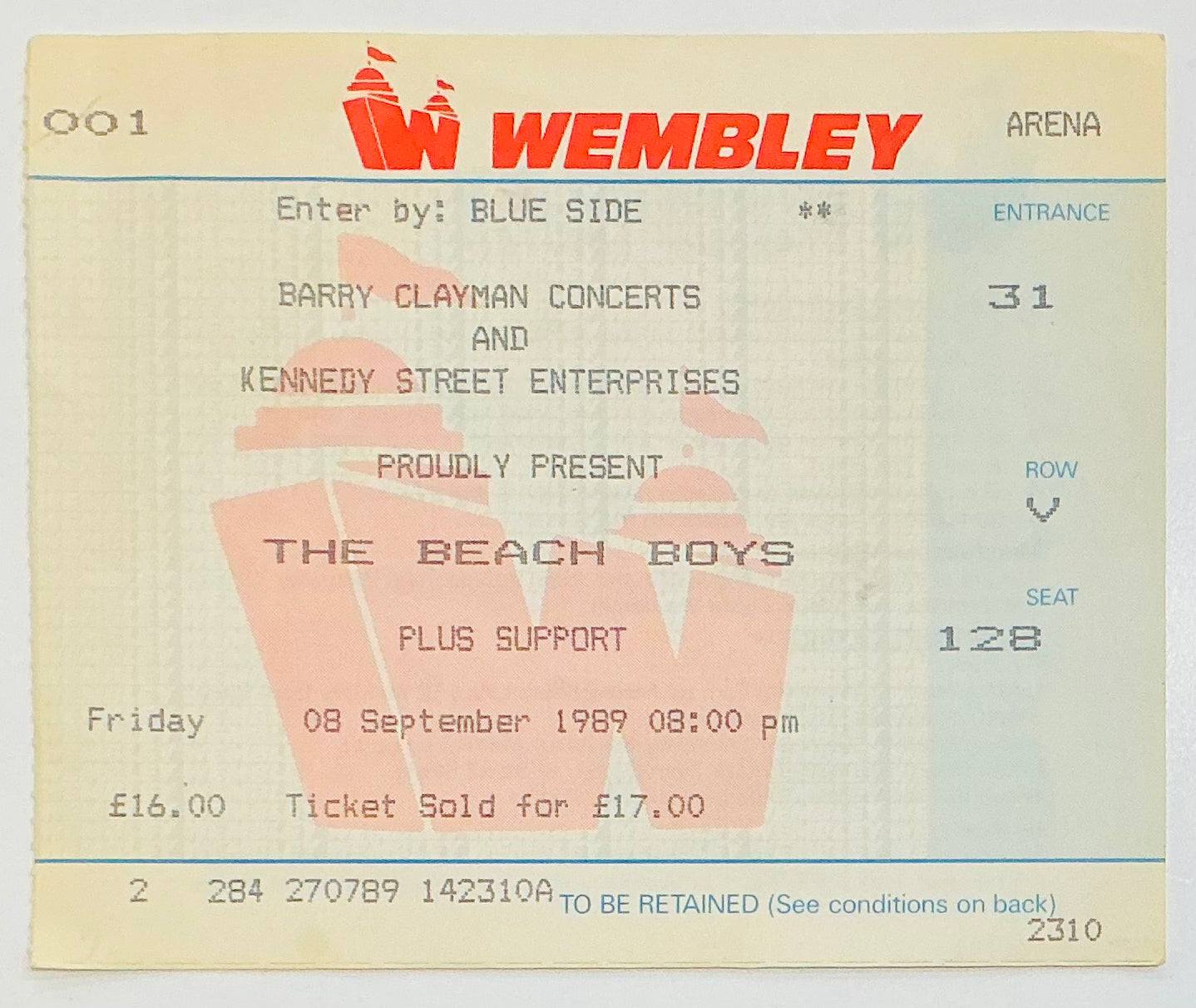 Beach Boys Original Used Concert Ticket Wembley Arena London 8th Sep 1989