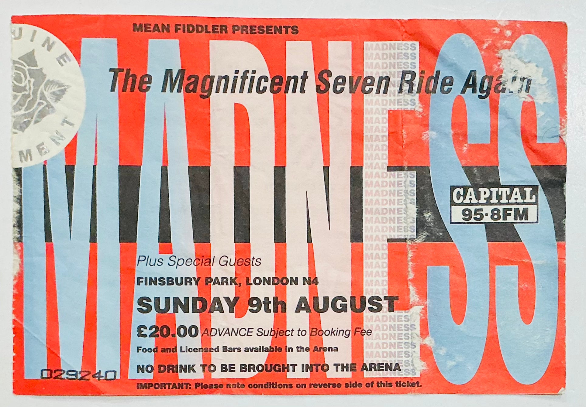 Madness Original Used Concert Ticket Finsbury Park London 9th Aug 1992