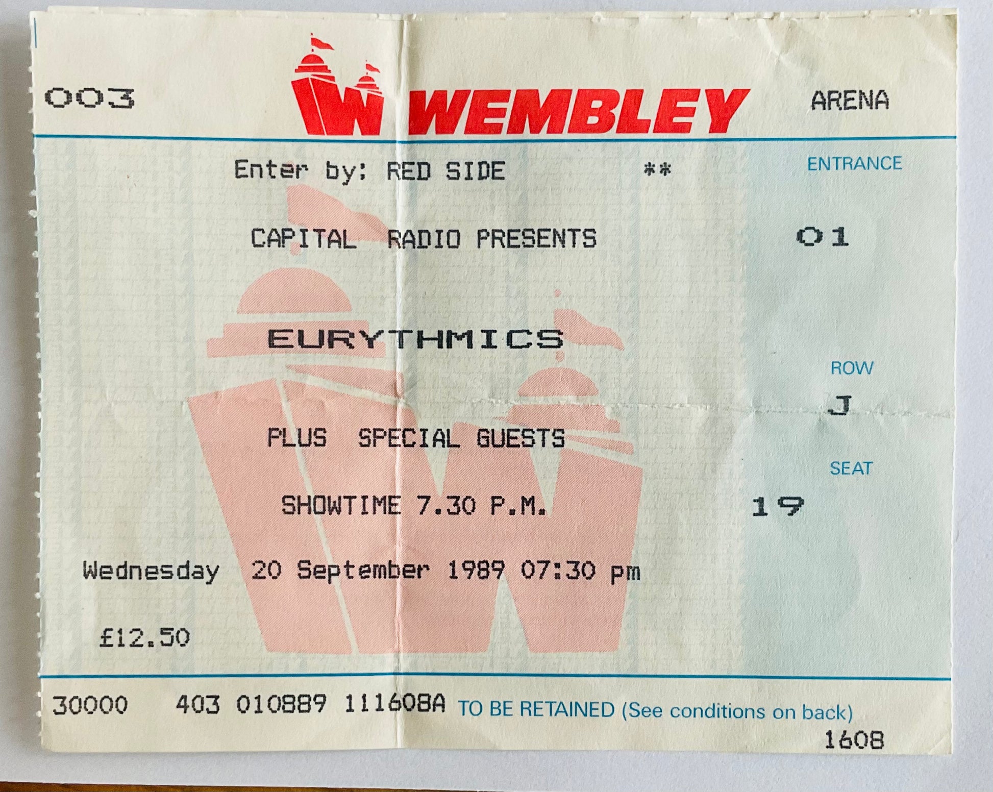 Eurythmics Original Used Concert Ticket Wembley Arena London 20th Sept 1989