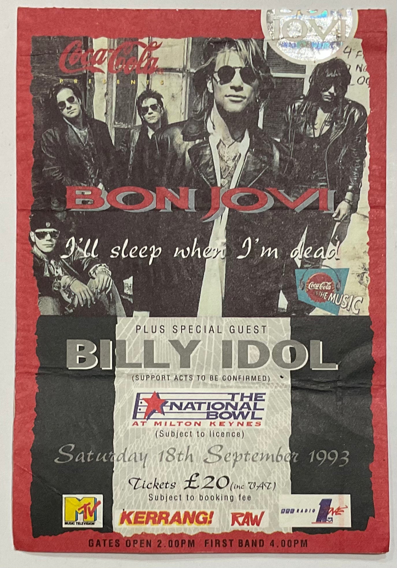 Bon Jovi Billy Idol Original Used Concert Ticket Milton Keynes Bowl 18th Sep 1993