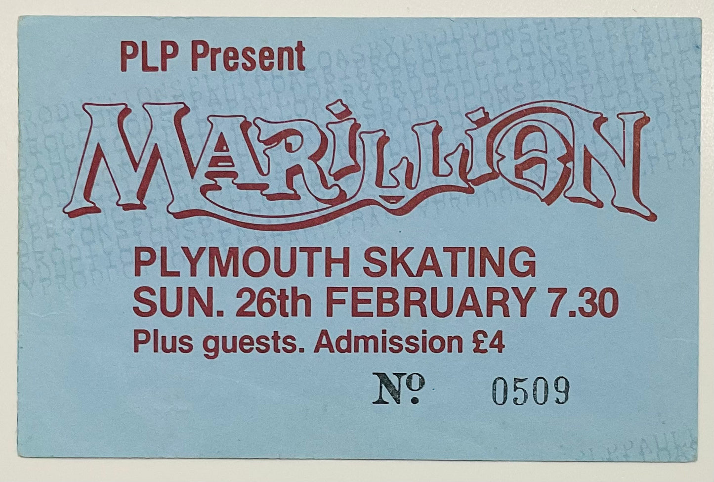 Marillion Original Used Concert Ticket Plymouth Skating Rink 26th Feb 1984