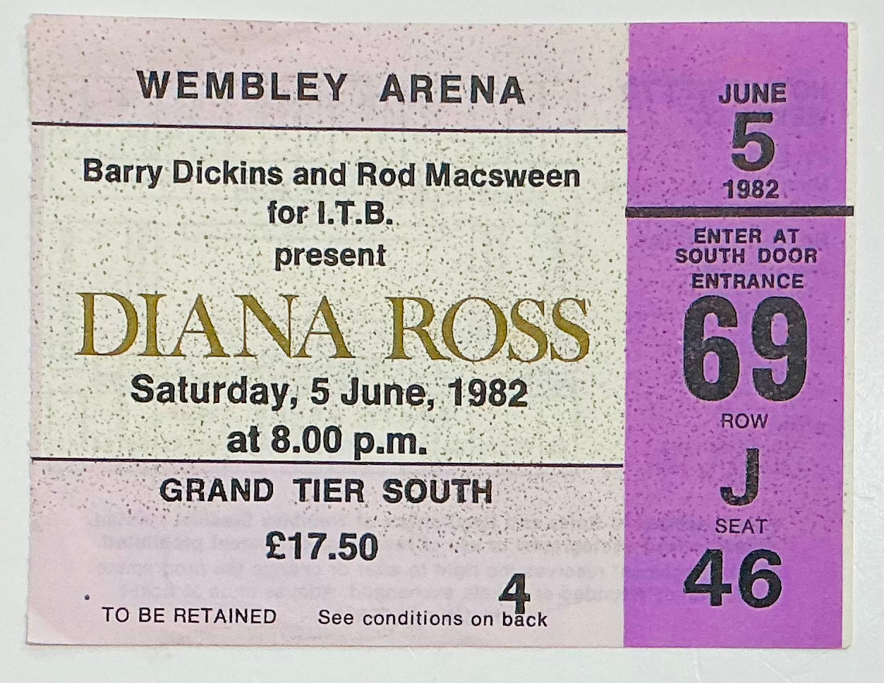 Diana Ross Original Used Concert Ticket Wembley Arena London 5th June 1982