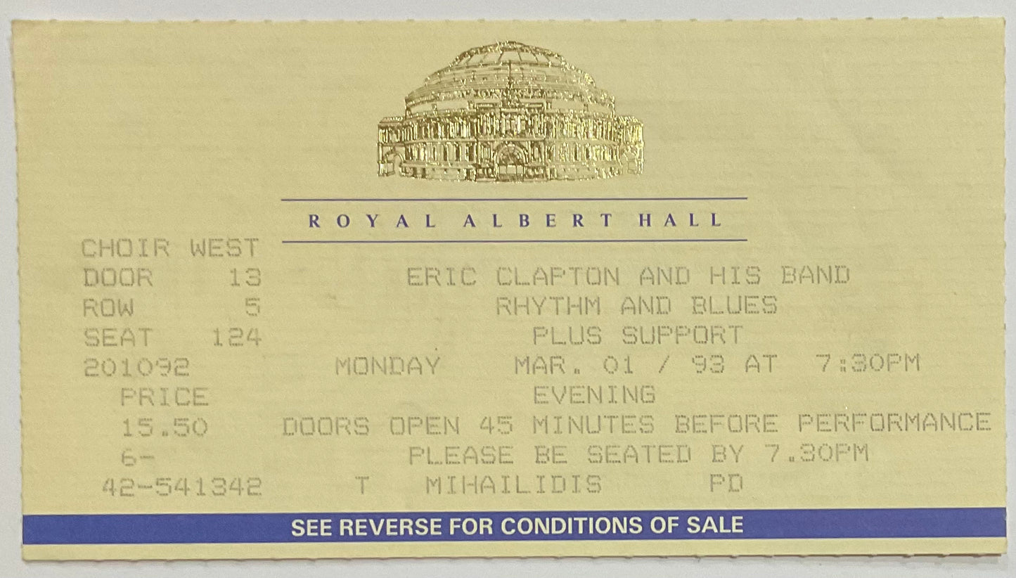 Eric Clapton Original Used Concert Ticket Royal Albert Hall London 1st Mar 1993