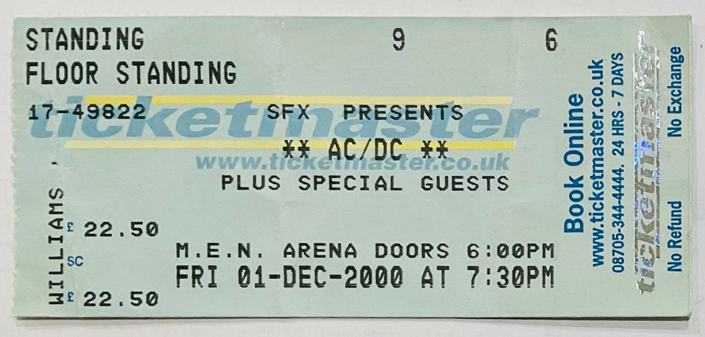 AC/DC Original Used Concert Ticket MEN Arena Manchester 1st Dec 2000