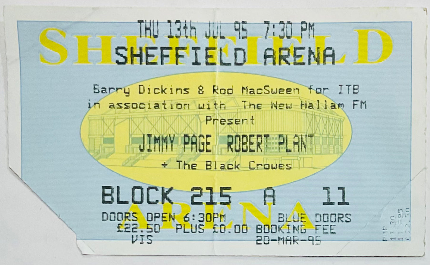 Jimmy Page Robert Plant Black Crowes Original Used Concert Ticket Sheffield Arena 13th Jul 1995