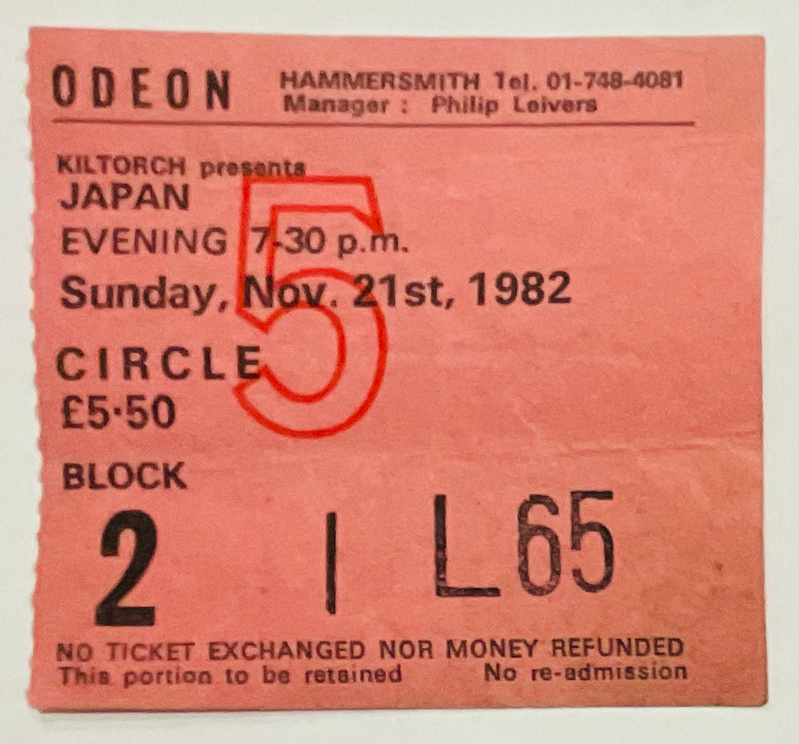 Japan David Sylvian Original Used Concert Ticket Hammersmith Odeon London 21st Nov 1982