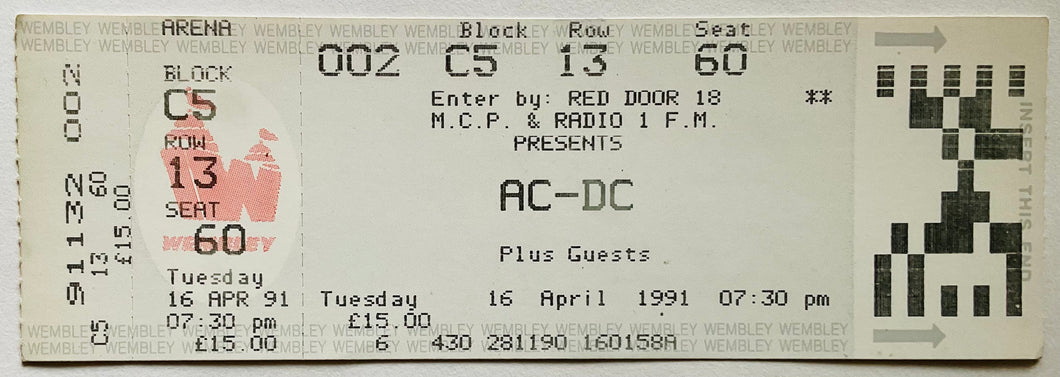 AC/DC Original Unused Concert Ticket Wembley London 16th Apr 1991