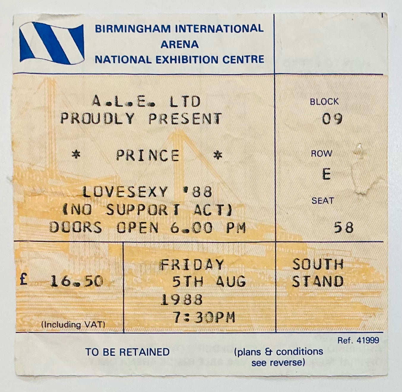 Prince Original Used Concert Ticket NEC Birmingham 5th Aug 1988