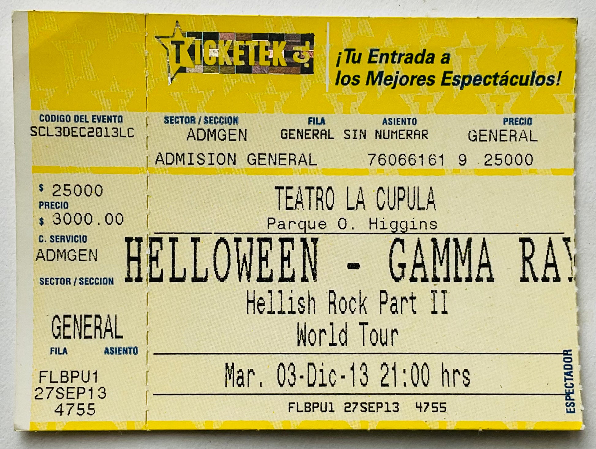 Helloween Original Unused Concert Ticket Teatro La Cupula Santiago 3rd Dec 2013