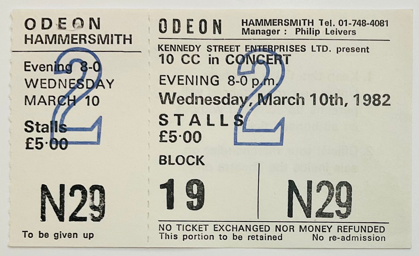 10cc Original Unused Concert Ticket Hammersmith Odeon London 10th Mar 1982