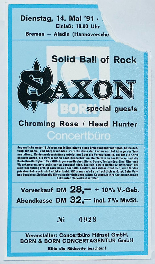 Saxon Original Used Concert Ticket Aladin Bremen 14th May 1991