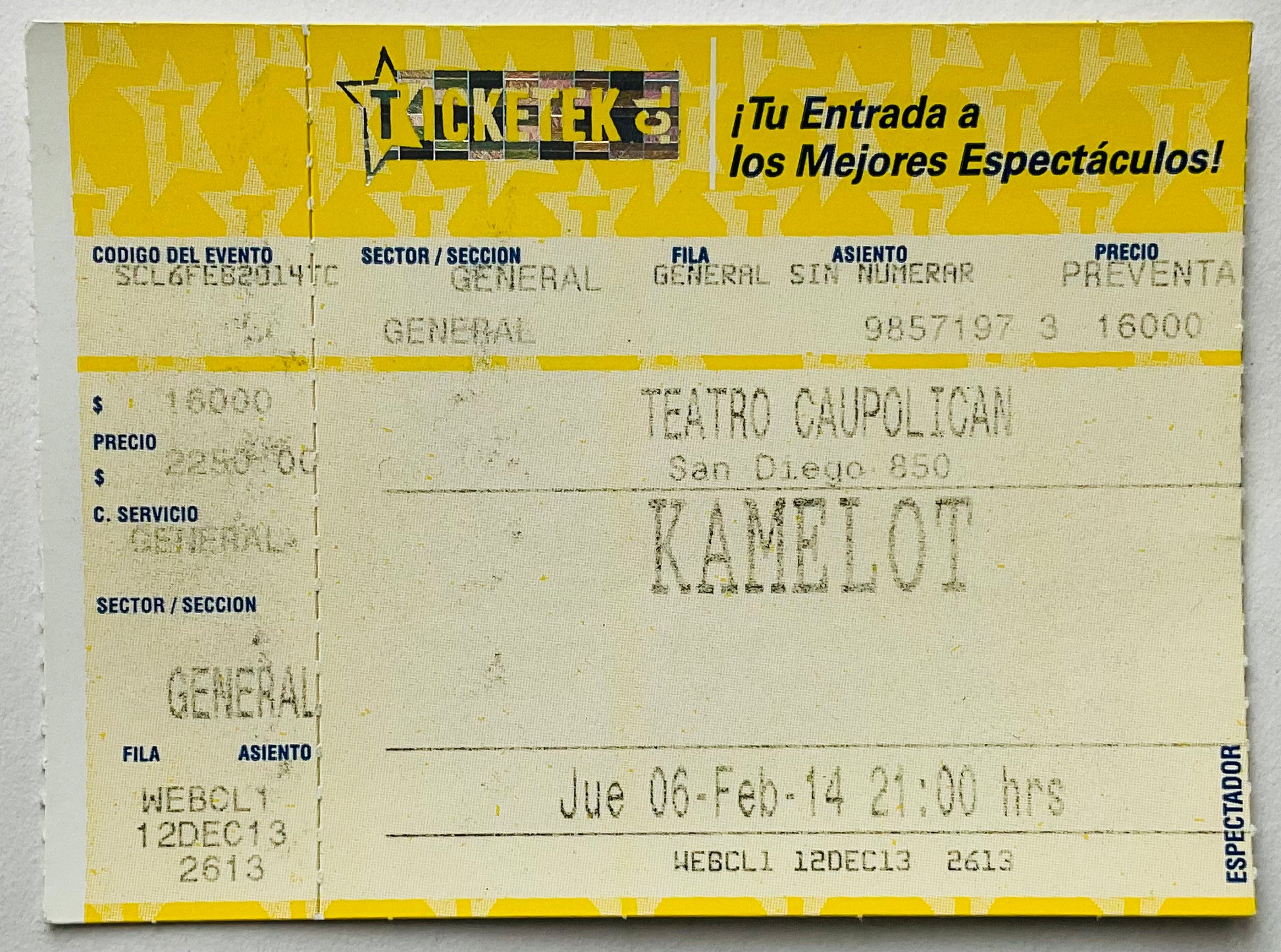 Kamelot Original Used Concert Ticket Teatro Caupolican Santiago 6th Feb 2014