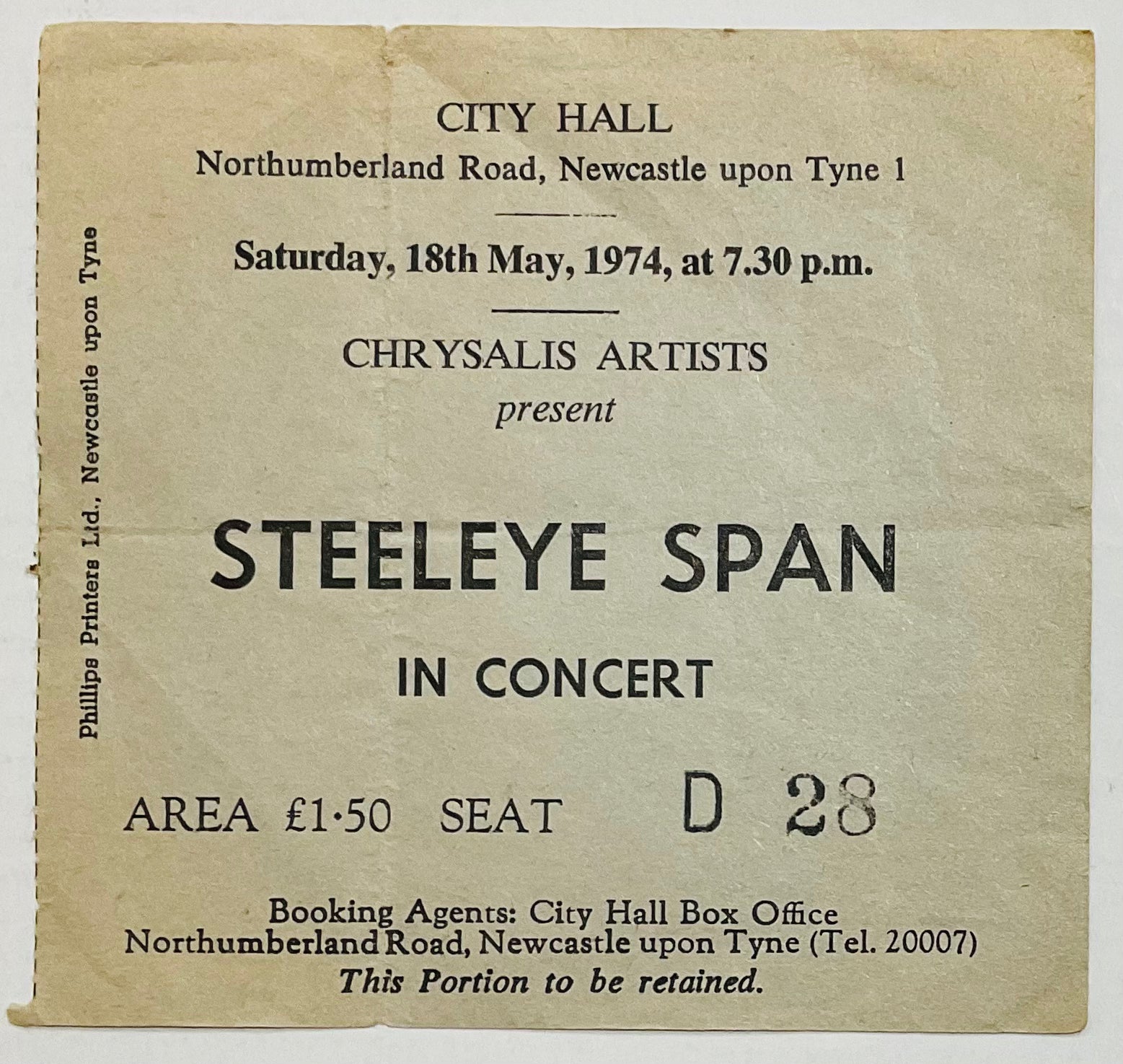 Steeleye Span Original Used Concert Ticket City Hall Newcastle 18th May 1974